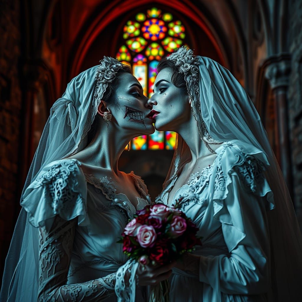 Ethereal Horror Brides in Vibrant, Gothic Crypt