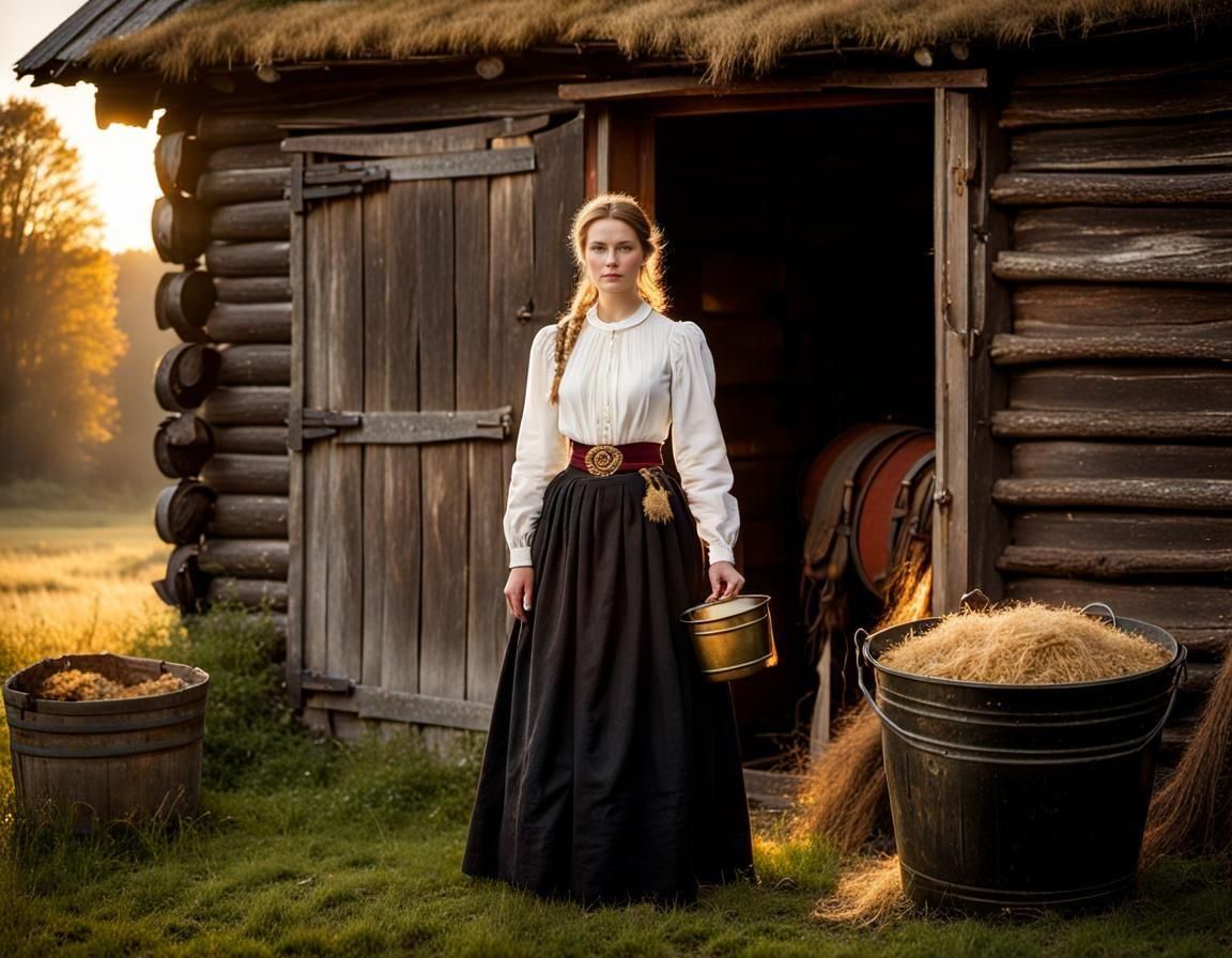 Norwegian Woman with Milk Bucket Oil Painting