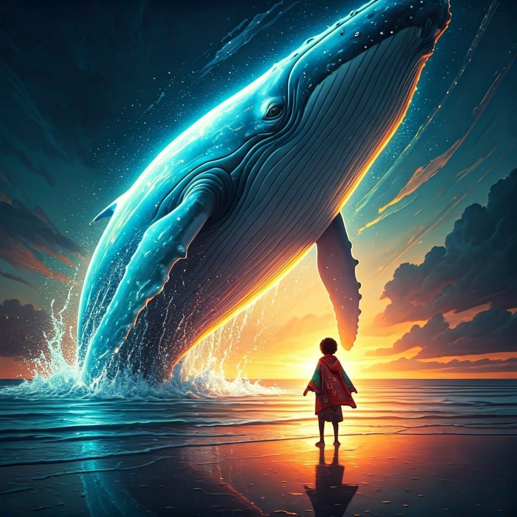 Boy Guides Whale's Ethereal Leap in Dreamlike Seascape