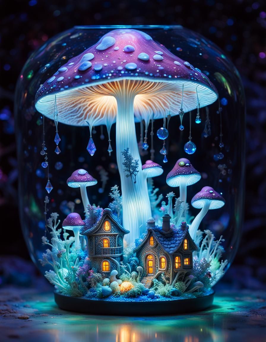 Bioluminescent Mushroom Home: A Macro Digital Masterpiece
