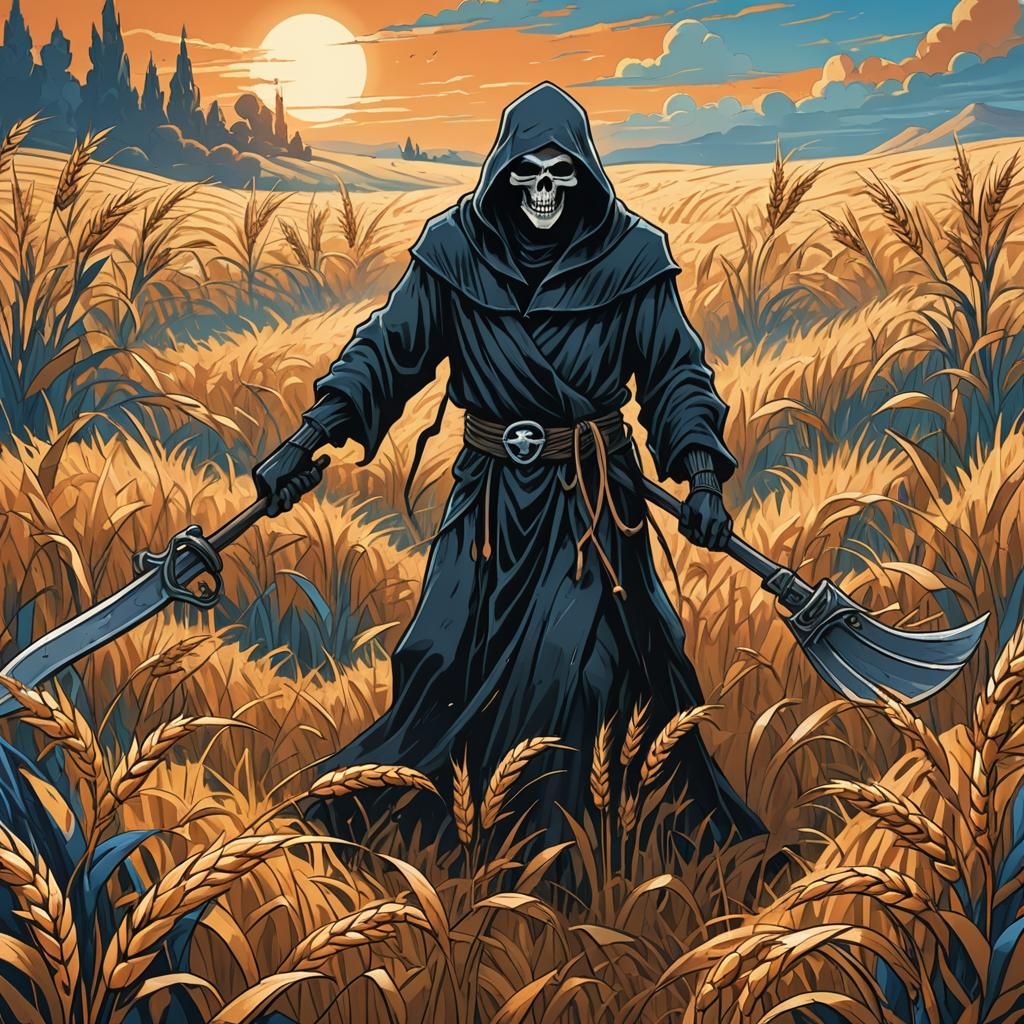 Grim Reaper Mowing Wheat: Cartoon Fantasy Art