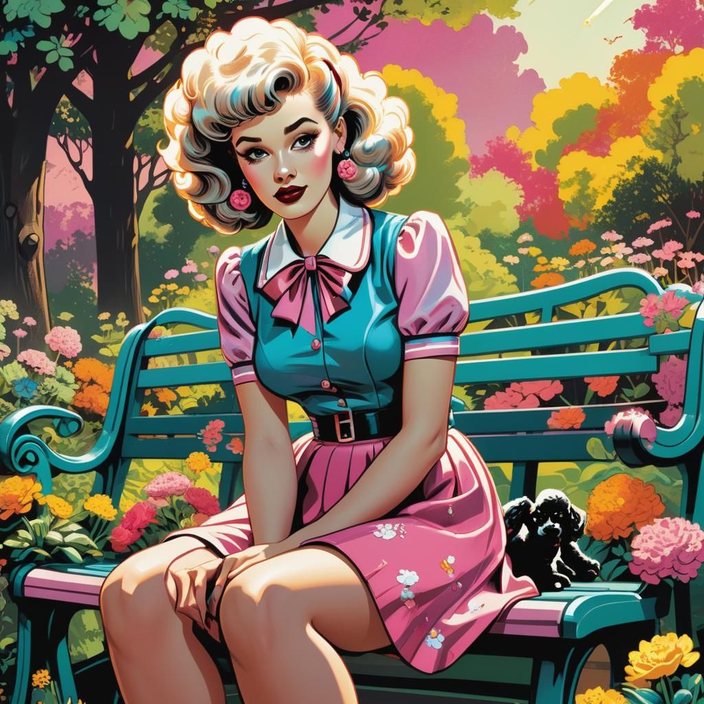 Girl on Bench in Retro Comic Book Style