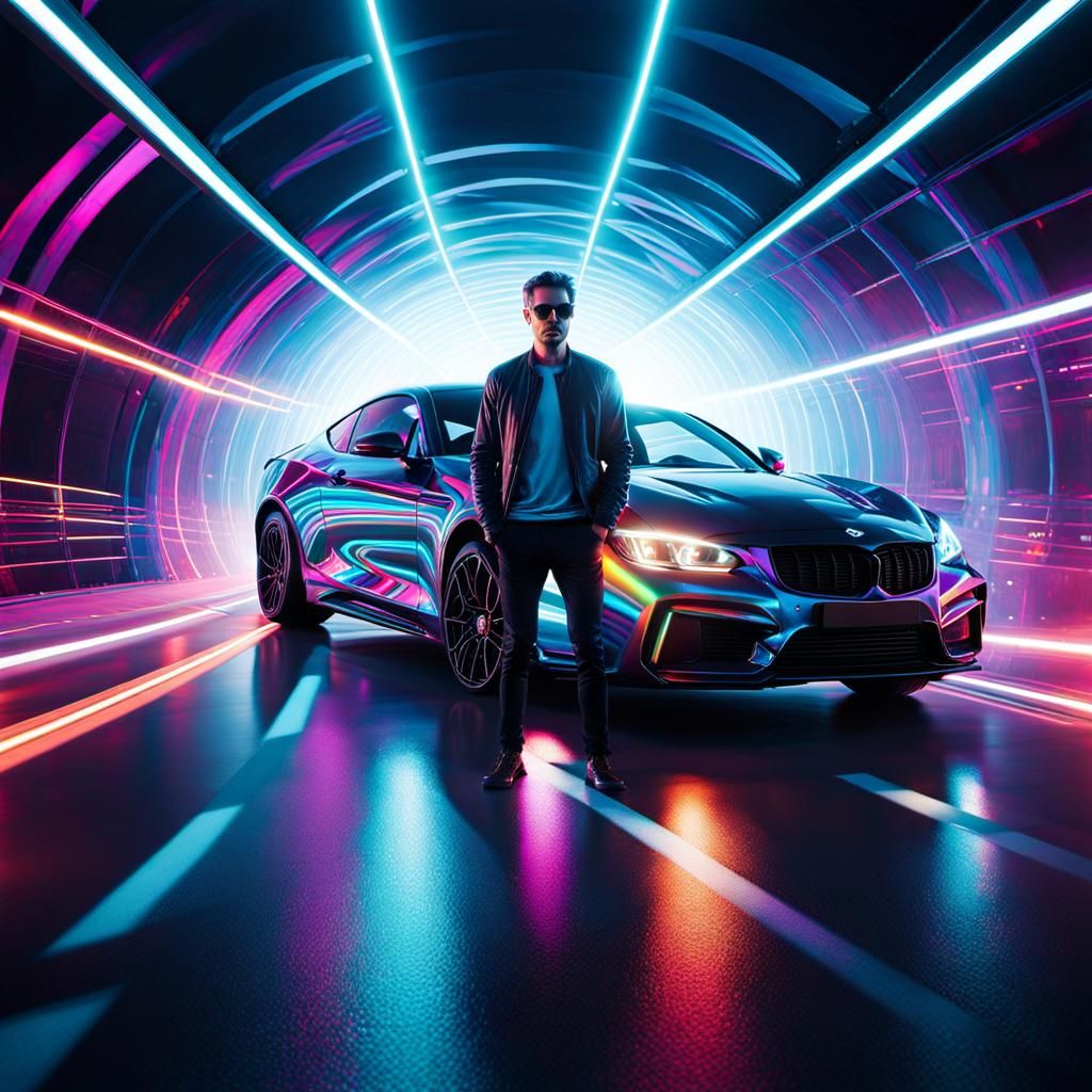 Cars in Lighted Tunnel: Holographic 3D Render