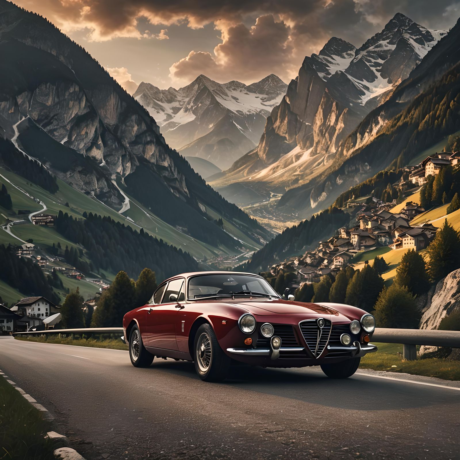 Alfa Romeo P2 in the Alps at Sunset: Hyperrealistic