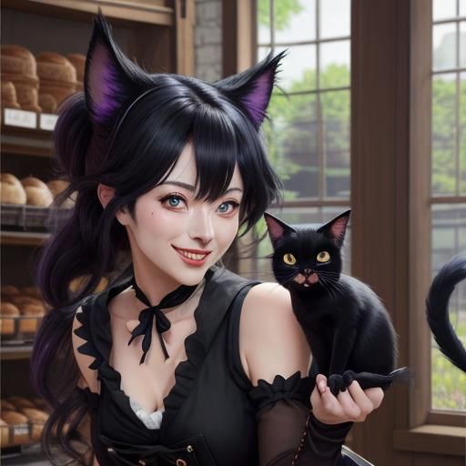 Adorable Jiji Black Cat in Bakery, Studio Ghibli Style