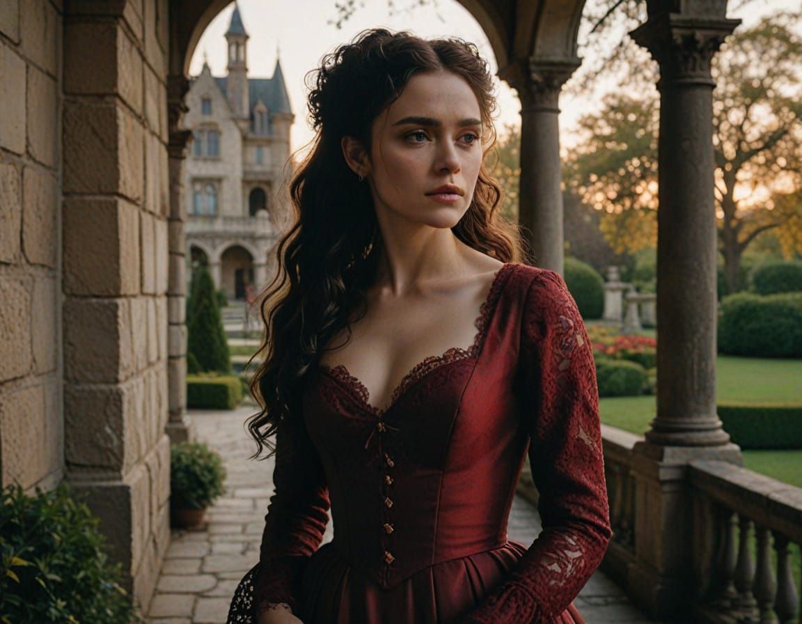 Victorian Goddess with Crimson Dress and Gothic Mansion