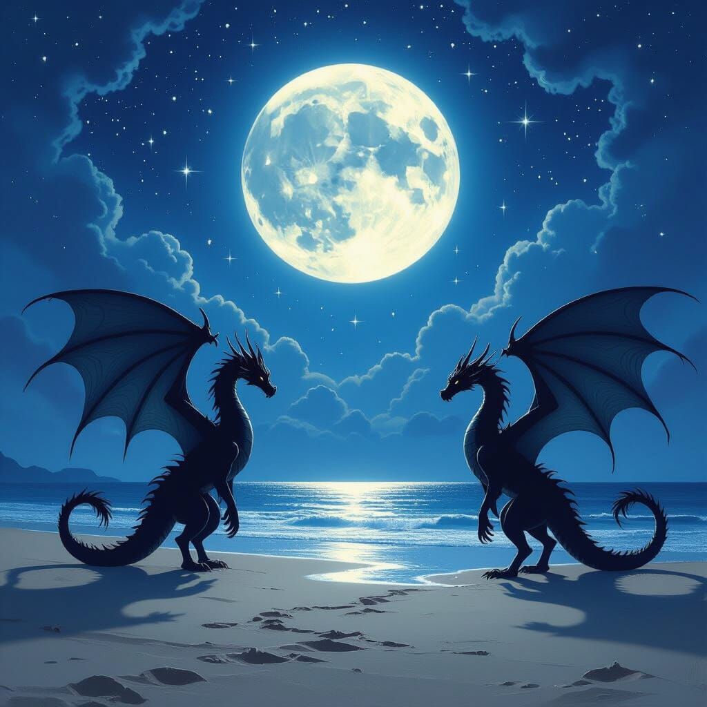 Dragons Silhouetted Under Full Moon on Beach