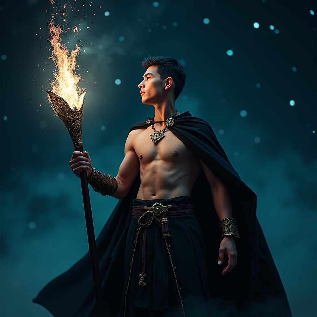 Mage with Magic Staff Under Starry Sky