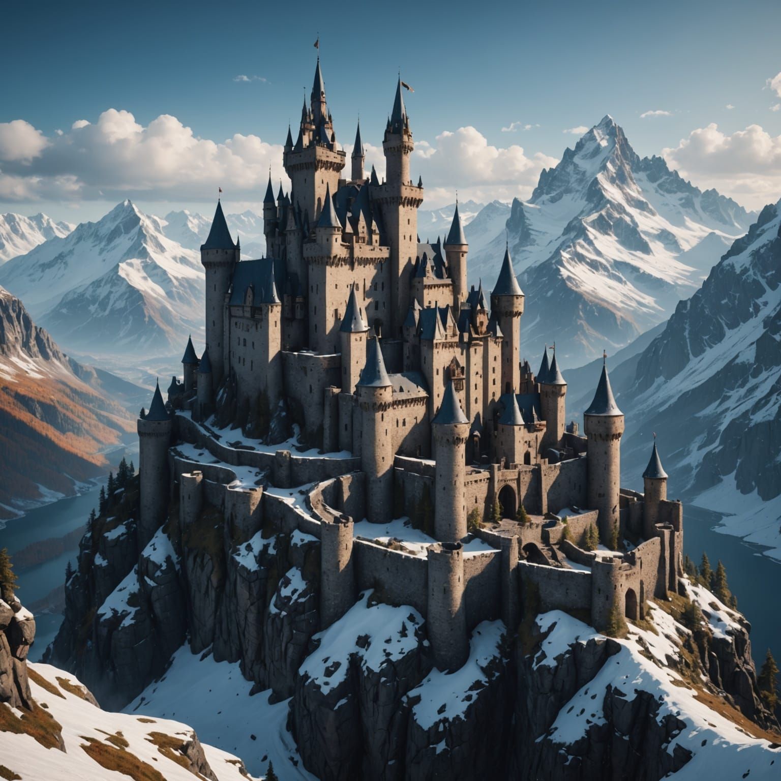 Ethereal Castle Amidst Majestic Snow-Capped Peaks