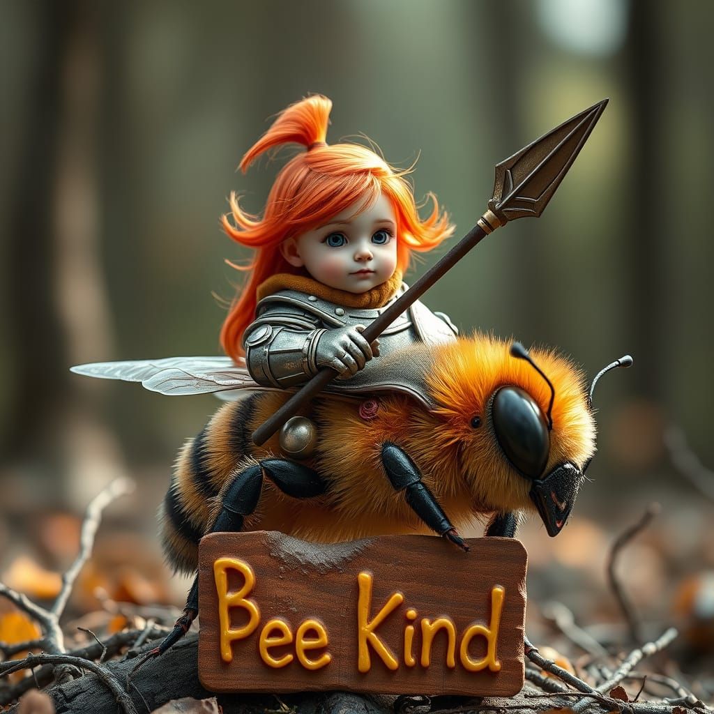 A Little Knight Rides a Bee in a Whimsical Forest Scene