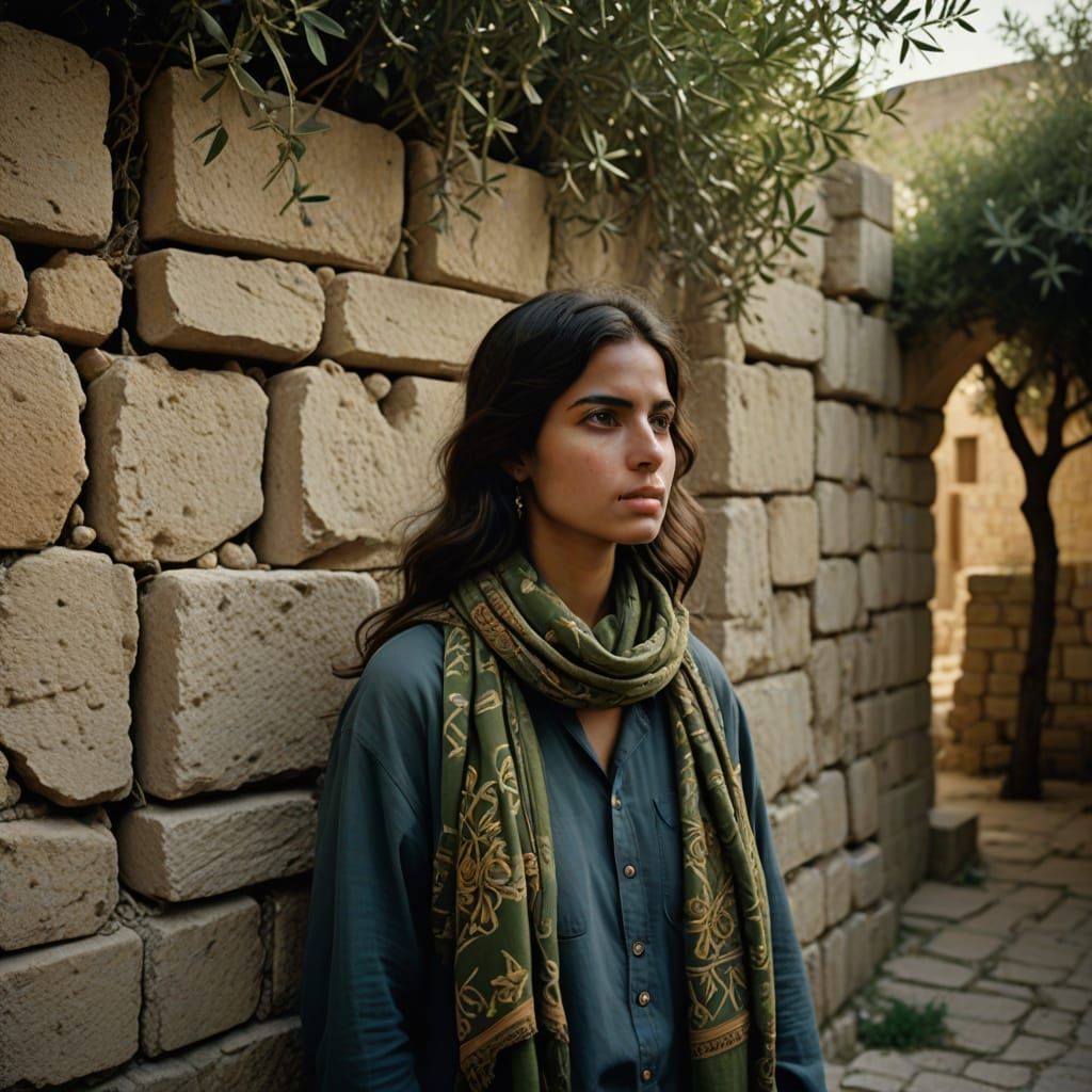 Palestinian Woman in Traditional Keffiyeh Scarf