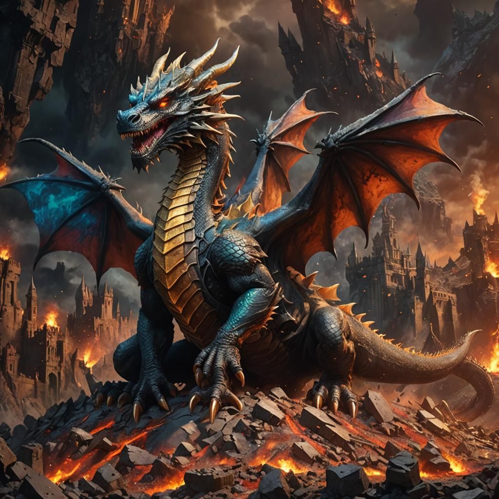 Dragon Flying to Castle on Volcano: Apocalyptic Art