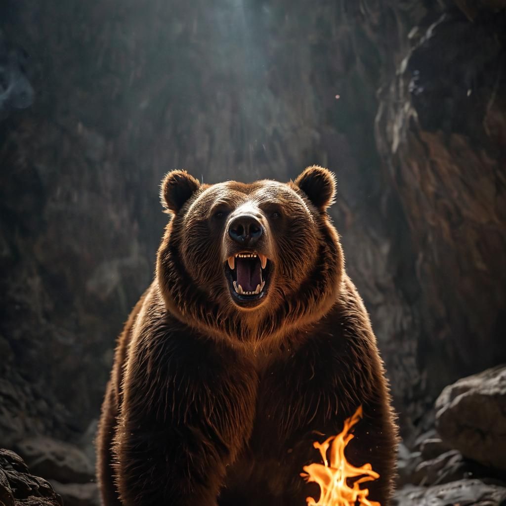 Towering Grizzly Bear in Fire Lit Darkness