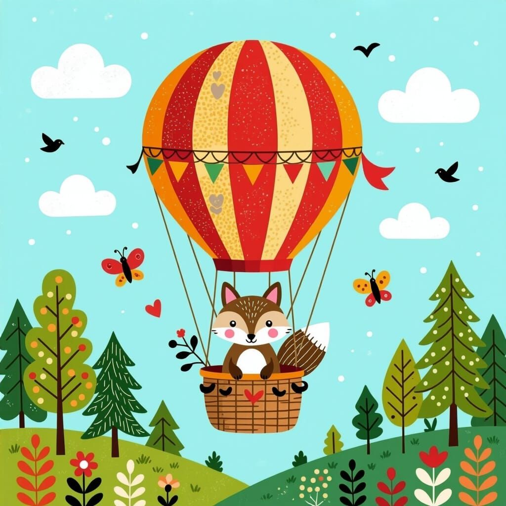 Mixed media, woodland creature in hot air balloon.