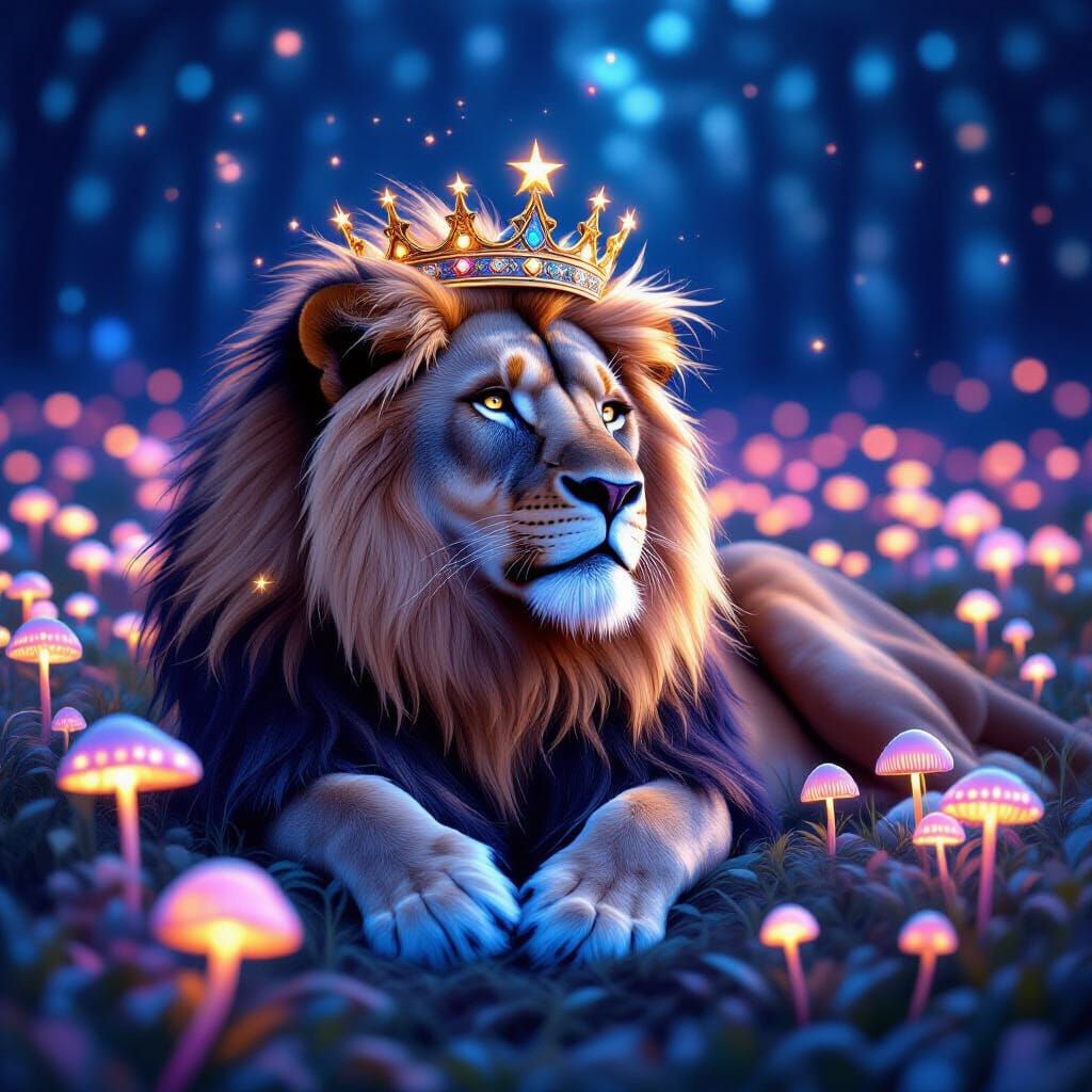 Majestic Lion with Star Crown in Bioluminescent Field