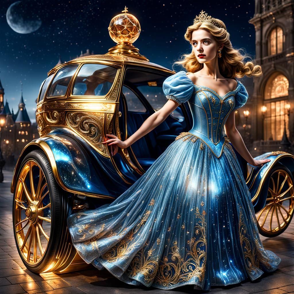 Hyperrealistic Cinderella in Golden Tesla Dress