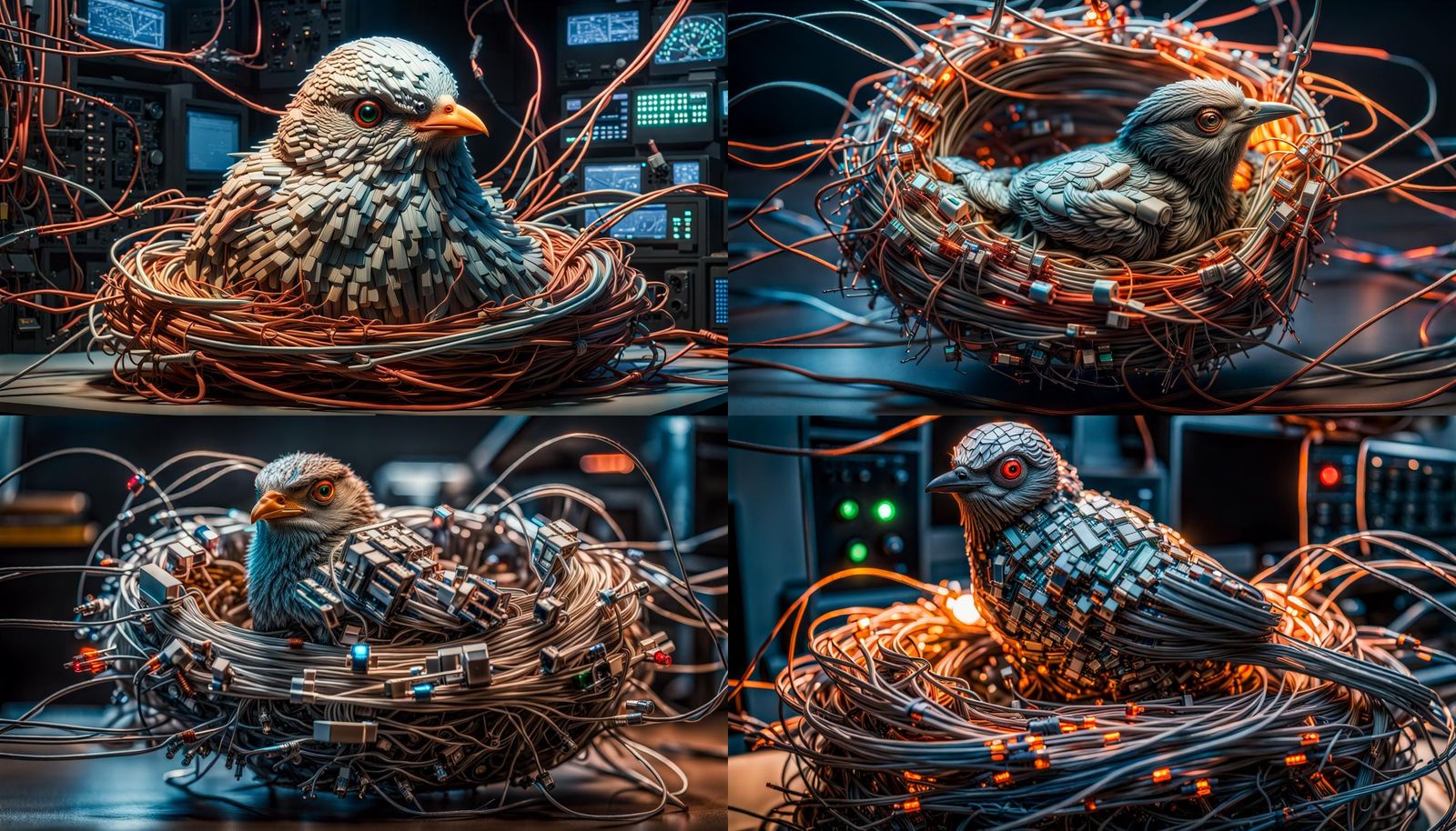 Cyborg Bird in Electronic Nest, Hyperrealistic Art