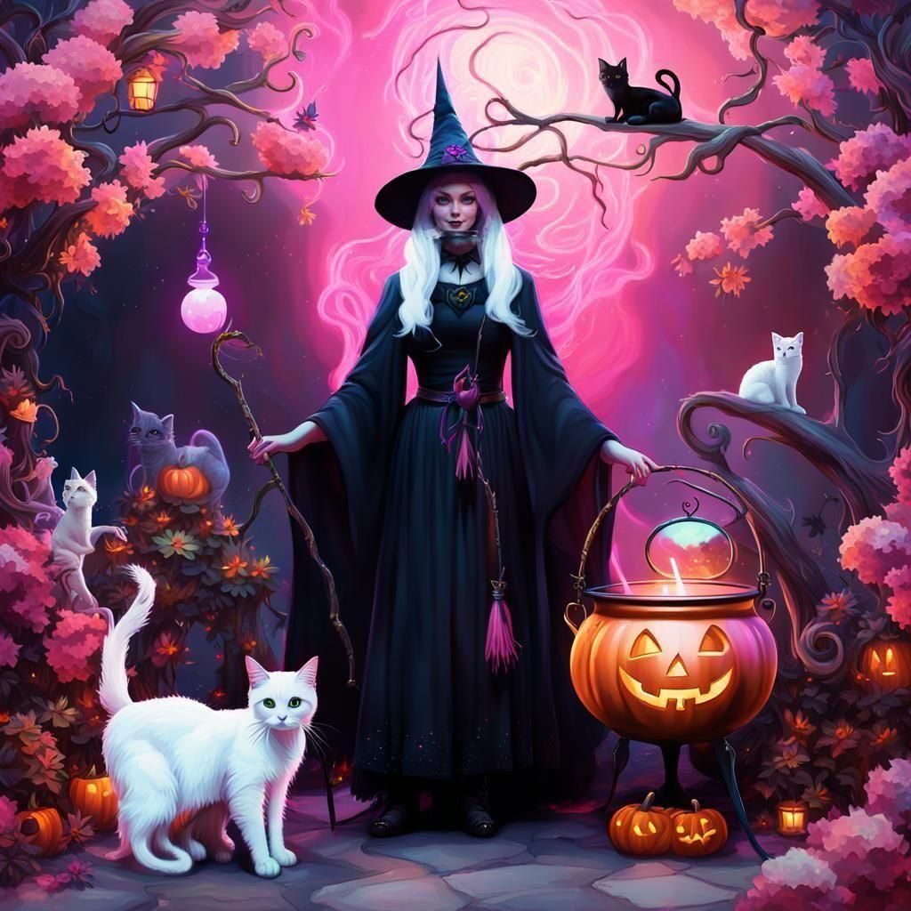 Halloween Witch and Pink Fairy with Cats