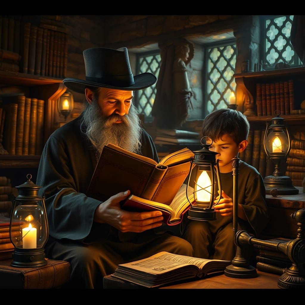 Hassidic Father and Son Study Ancient Tomes in Mystical, Gol...