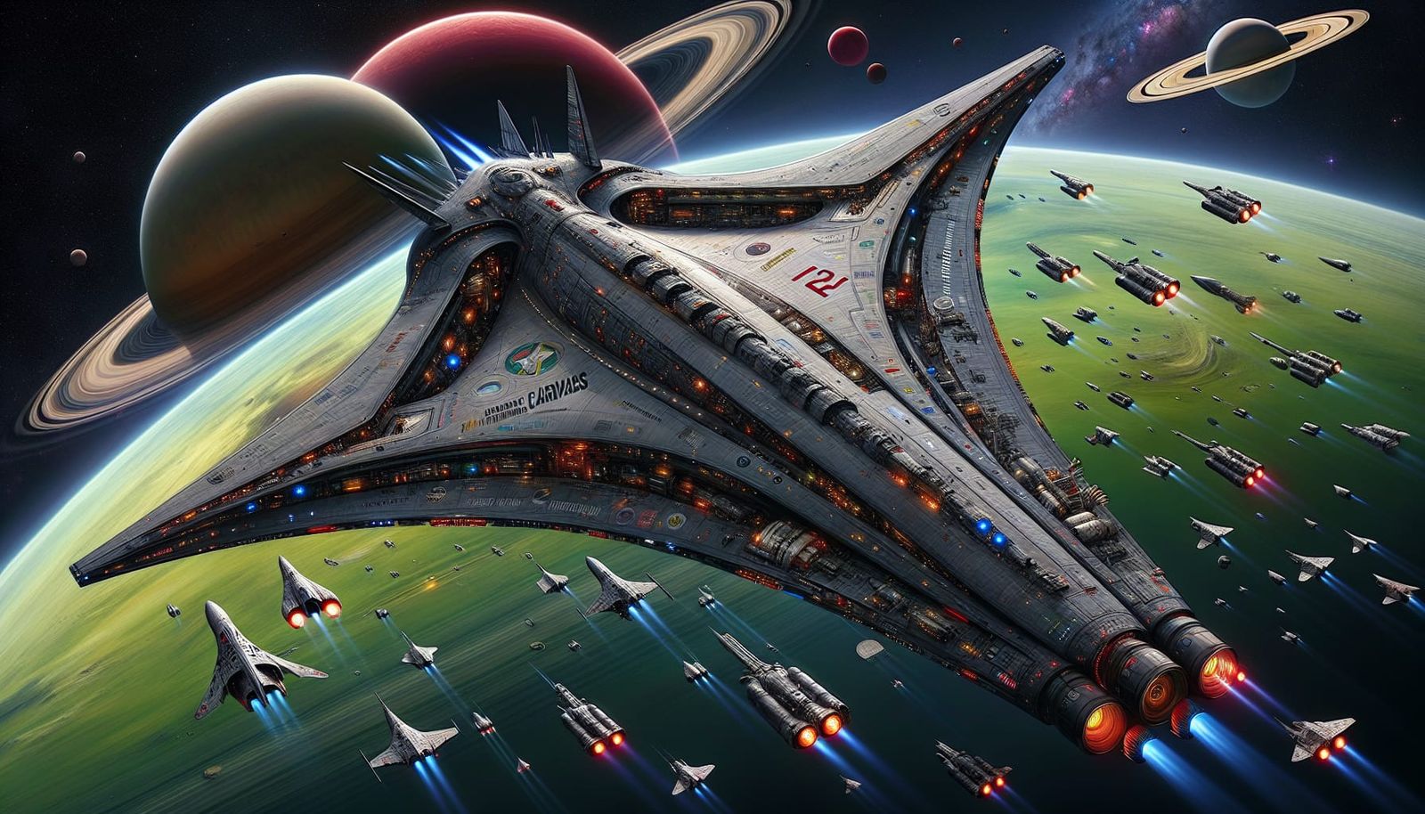 Dagger Spaceship Orbiting Red and Green Ringed Planet