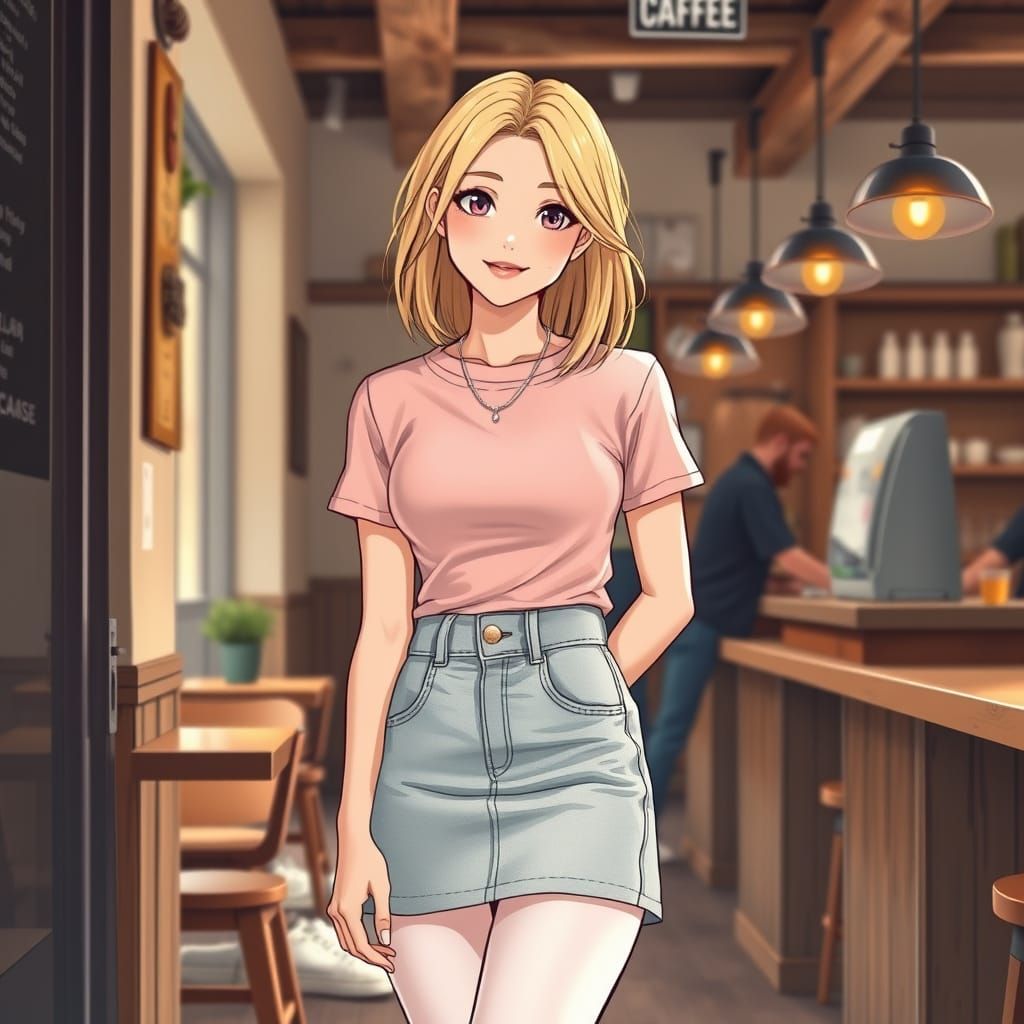 Gentle Young Woman in Whimsical Coffee Shop Setting
