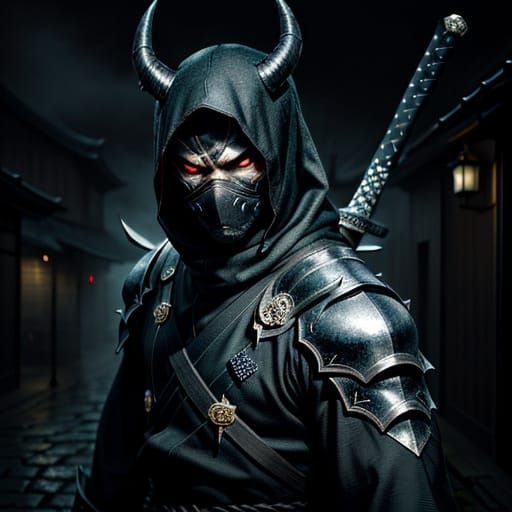 Dark Fantasy Ninja Master in Stealth Attack Stance with Oni ...