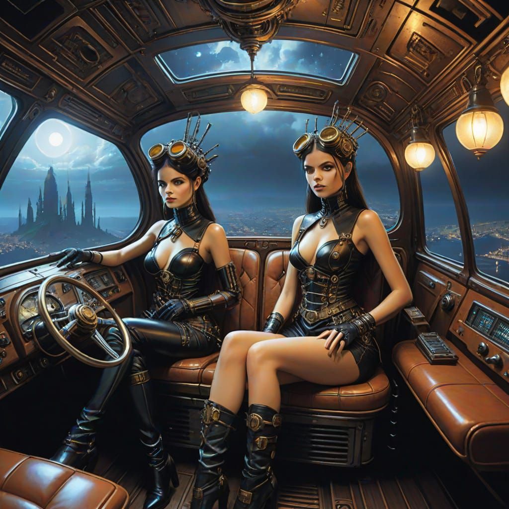 Steampunk Sisters Soar Above Futuristic City in Airship