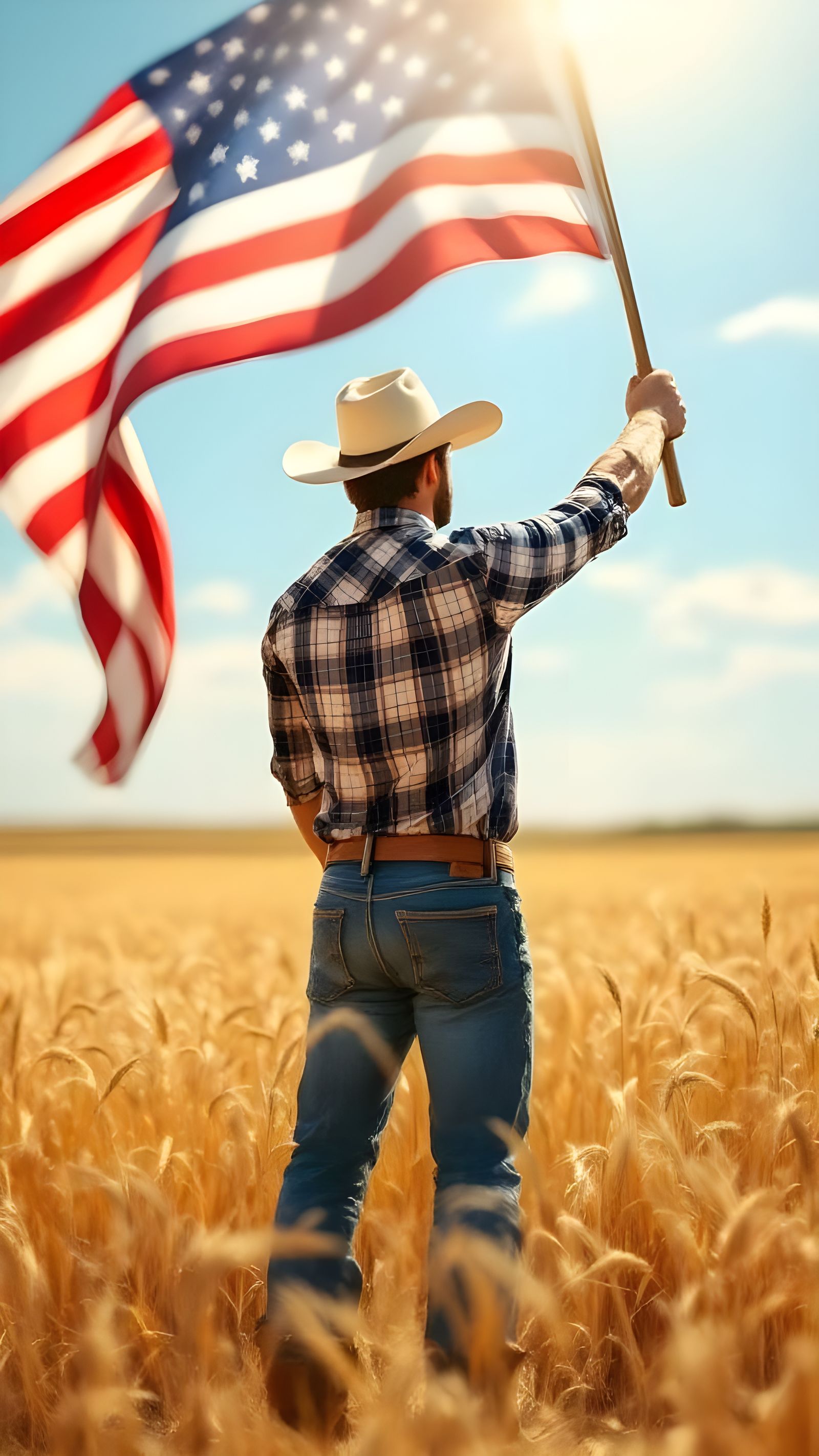 Cowboy Waving Flag in Golden Wheat Field