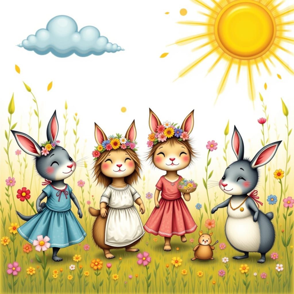 Whimsical Barnyard Animals in Sunny Meadow