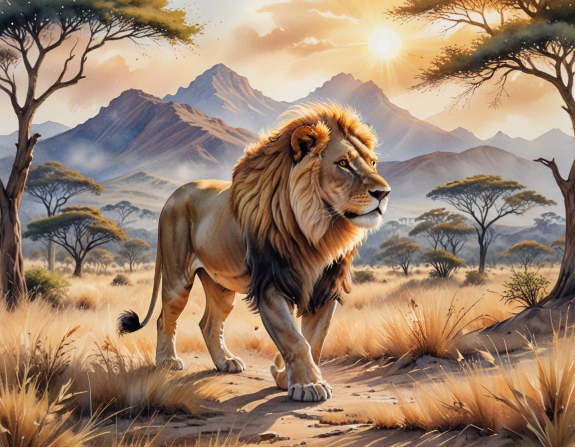 Majestic Lion with Glowing Mane in Watercolor