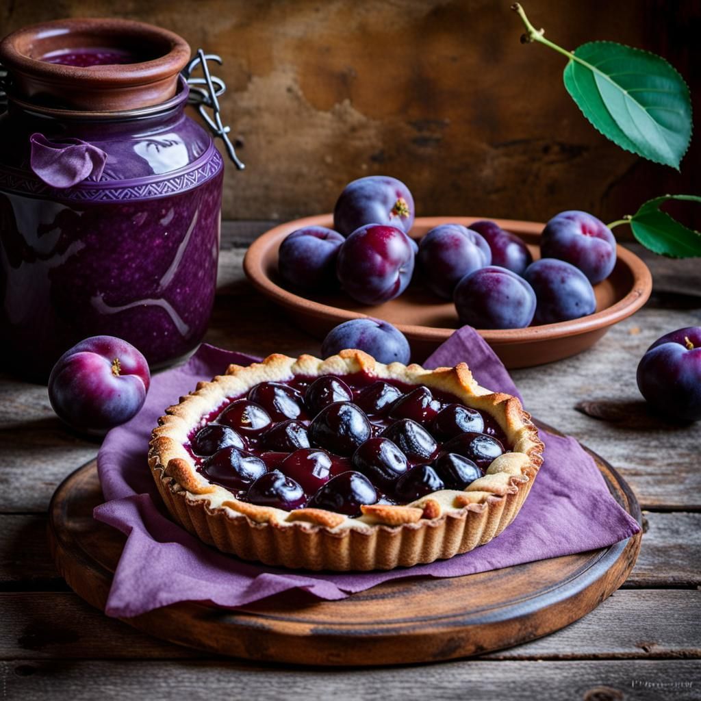 Fresh Italian plum jam crostata in a rustic terracotta dish ...