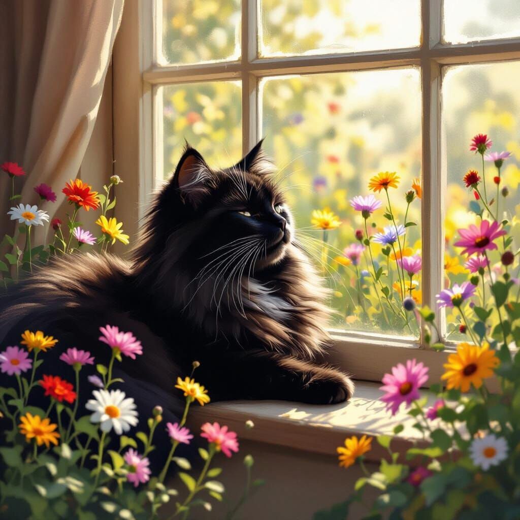 Fluffy Black Cat Sunbathing by Cottage Window