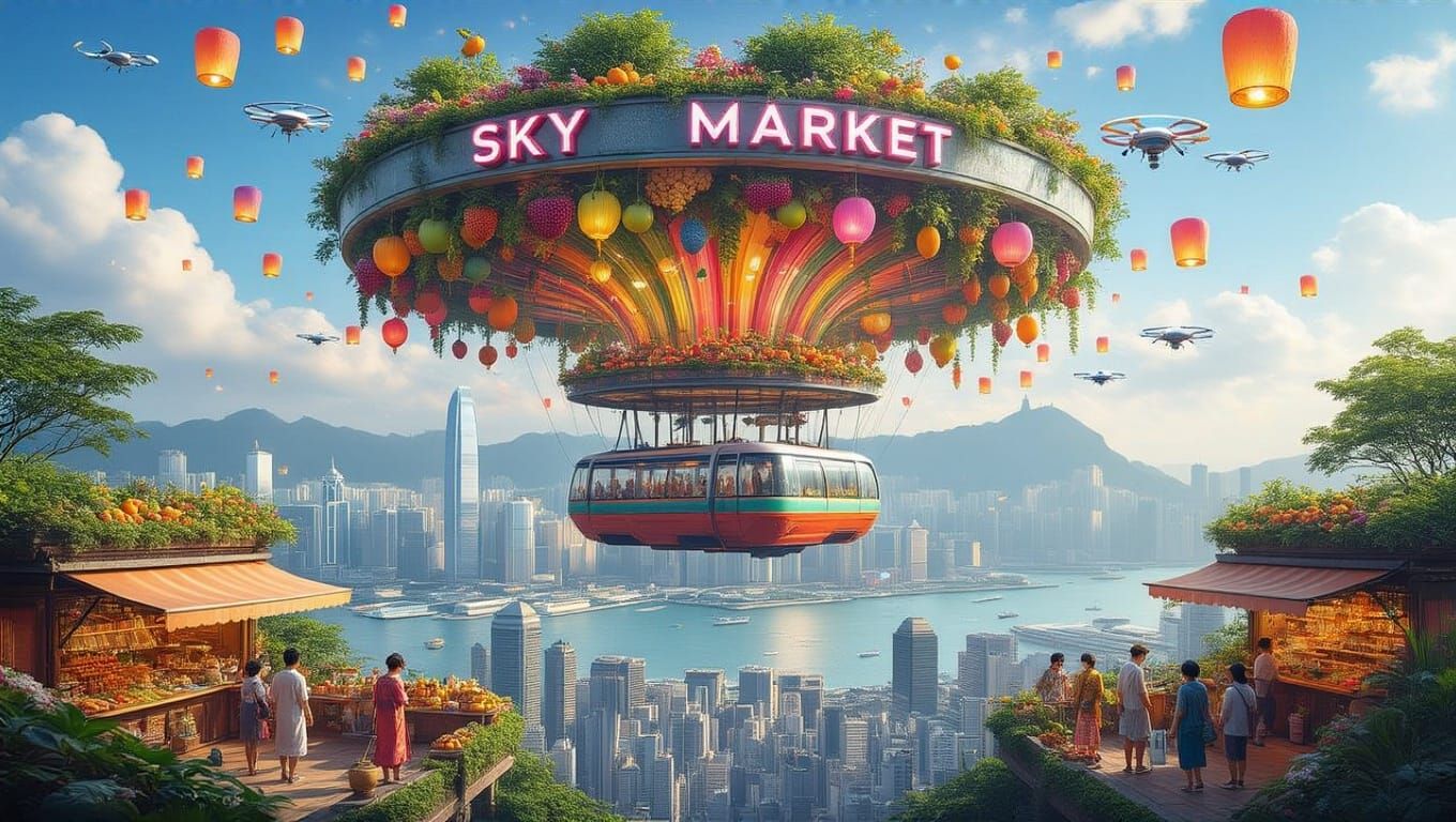 Create a whimsical and vibrant illustration of a 'Sky Market' floating above Hong Kong Island, accessible by futuristic ...