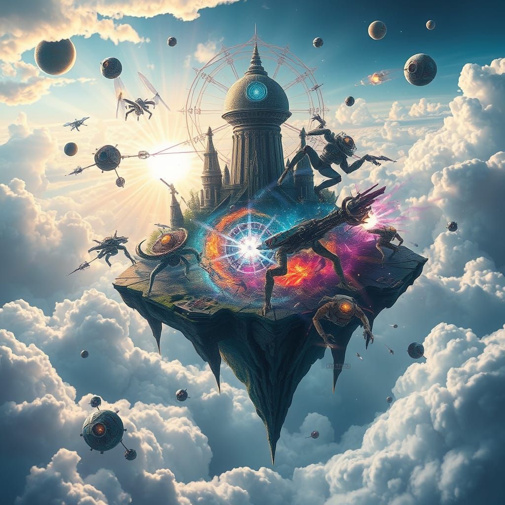 Epic Battle on Floating Island, Psychedelic Art Style