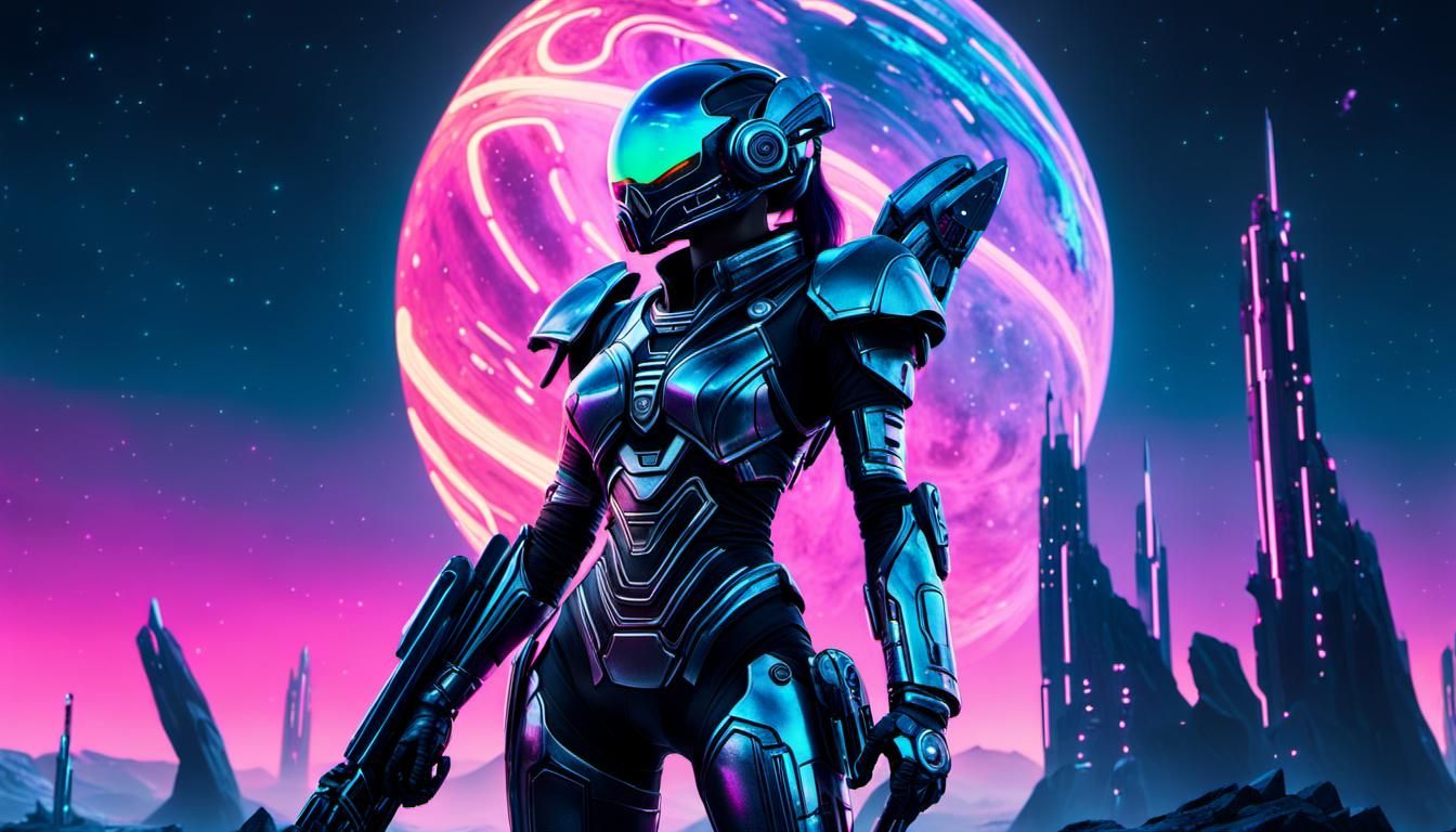 Girl in Cyberpunk War Suit with Robotic Axe