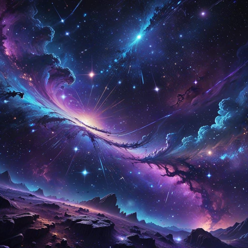 Vibrant Night Sky Panorama in Mixed Media Style