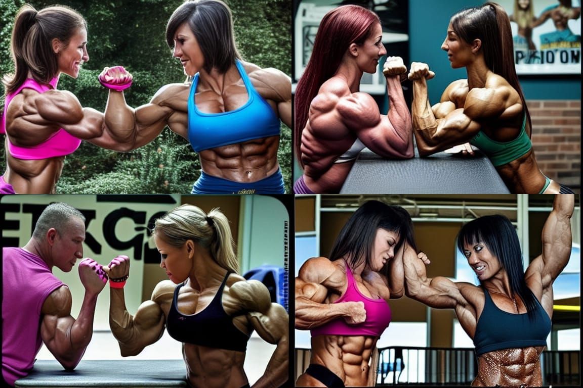 Female Bodybuilder Arm Wrestling a Skinny Man