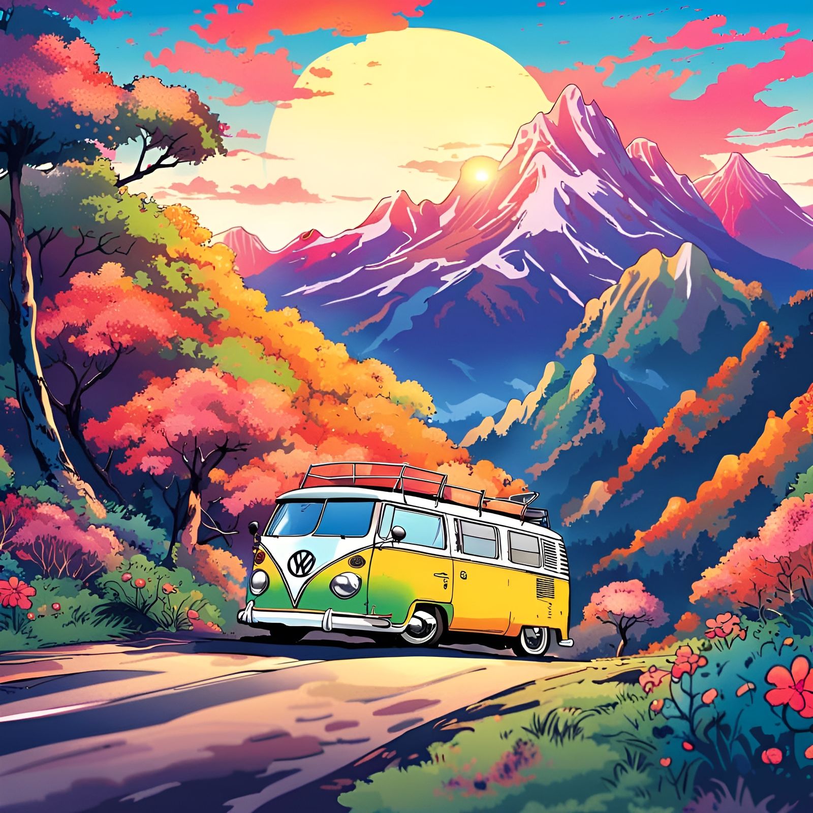 Colorful VW Bus Overlooking Mountain Range in Anime Style