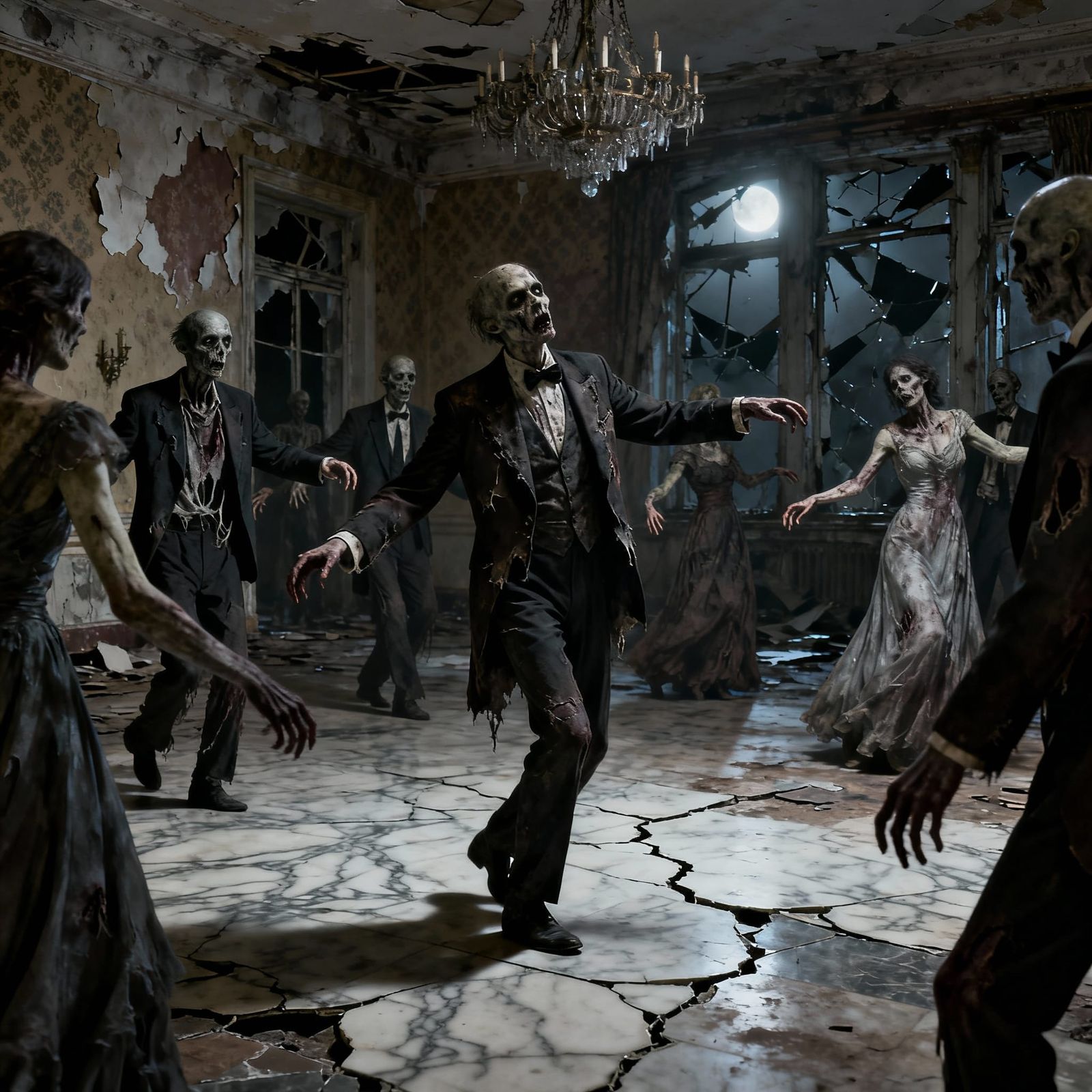 Zombies in Formal Wear Dance in Ruined Hall