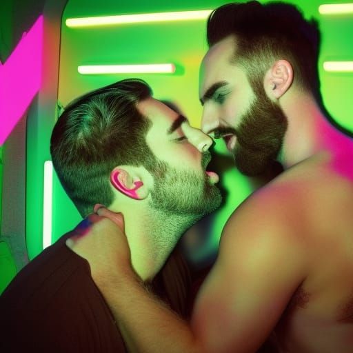 Gay Men Kissing in Synthwave Neon Style