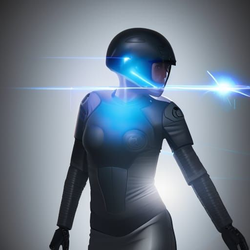 Woman in Blue Armor Soaring Through Cyberpunk City