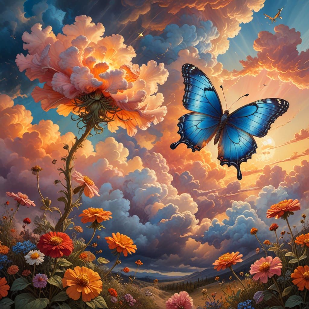 Butterfly Clouds Sunset: Maximalist Oil and Watercolor
