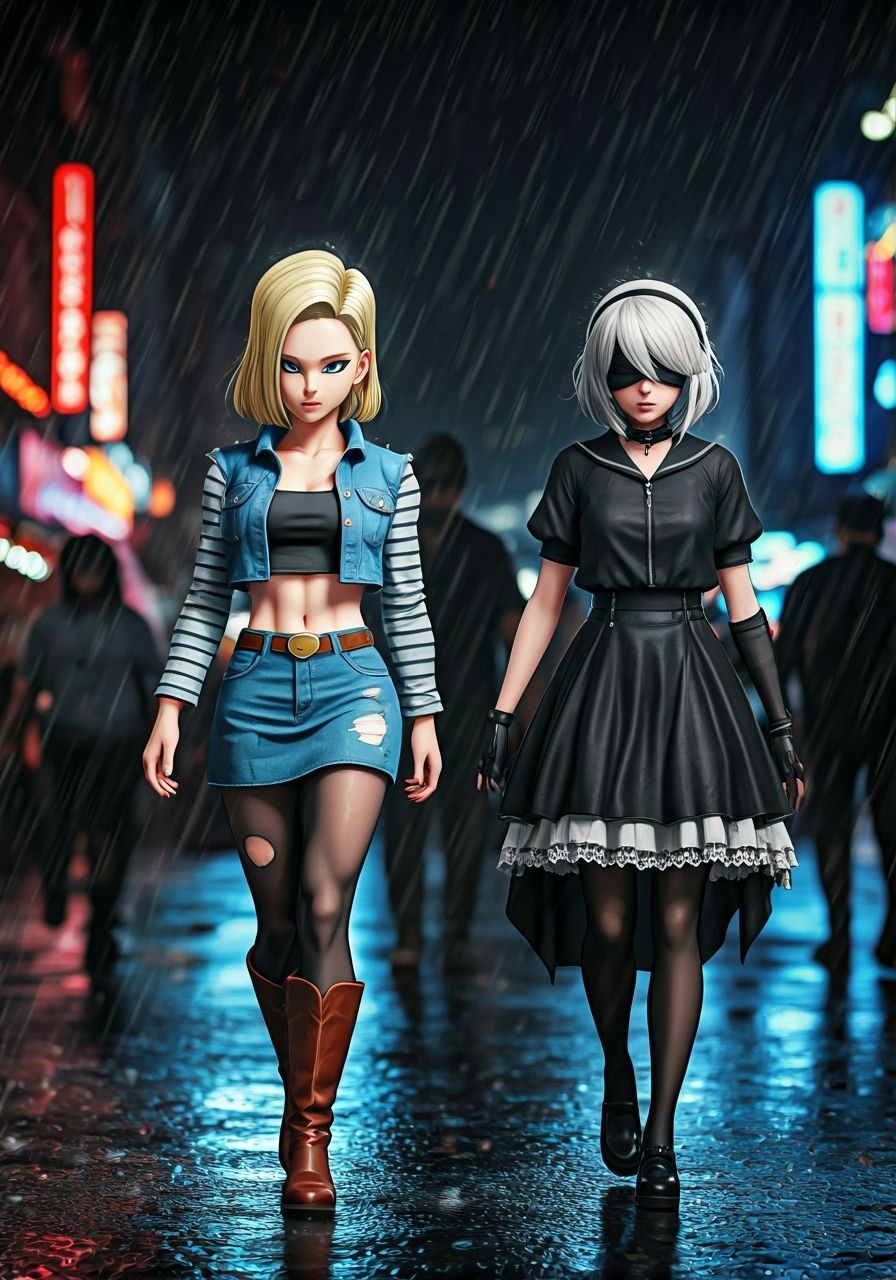 Android 18 and YoRHa 2B in Crowded City