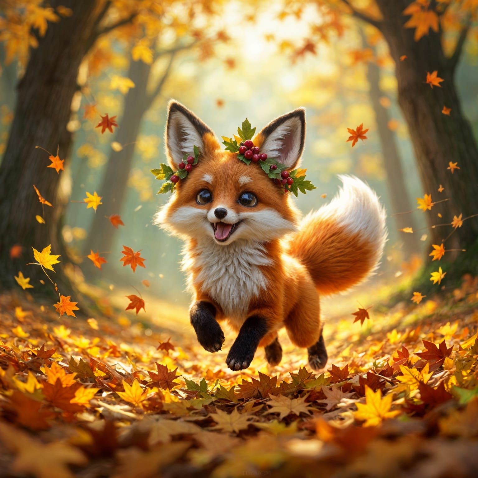 Playful Leaf Sprite With Oak Crown in Golden Forest