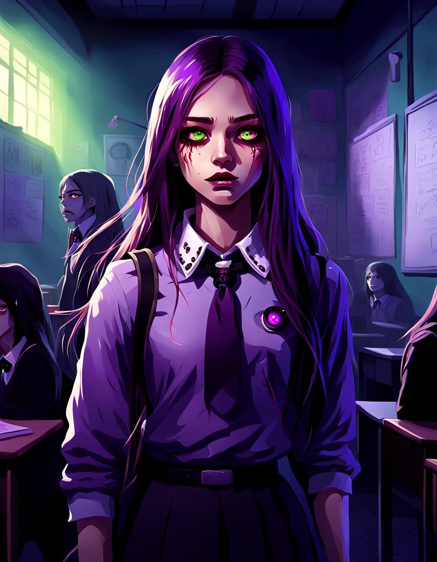a detailed digital art of a girl with long hair, wearing a collar, purple glowing eyes, and extra eyes in a horror-theme...