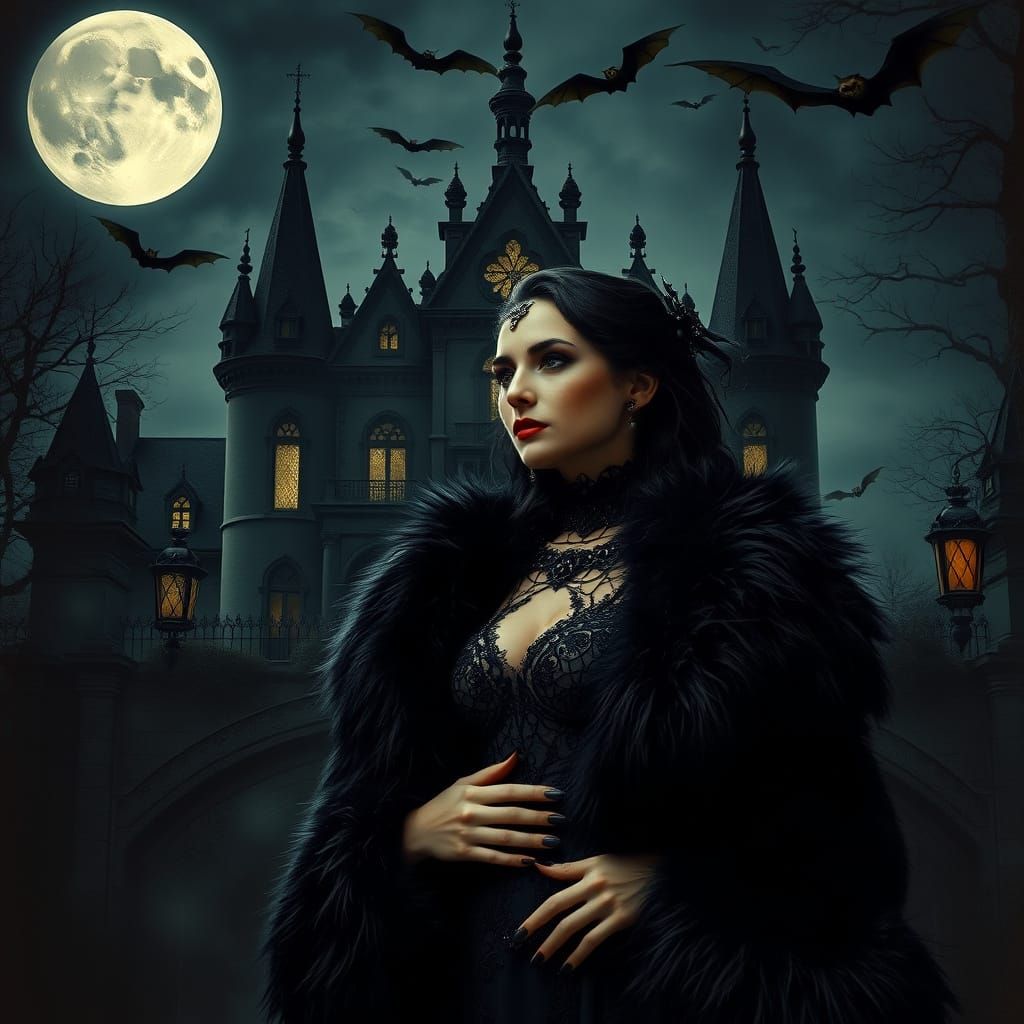Goth Woman in Furs Before Haunted Mansion Under Full Moon