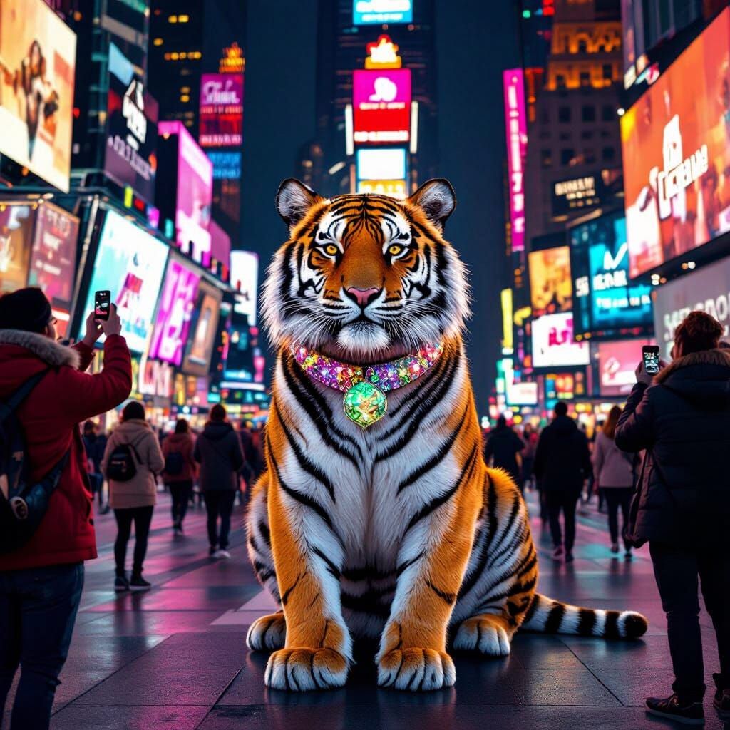 Tiger in Times Square Amidst Selfies, Futuristic Style