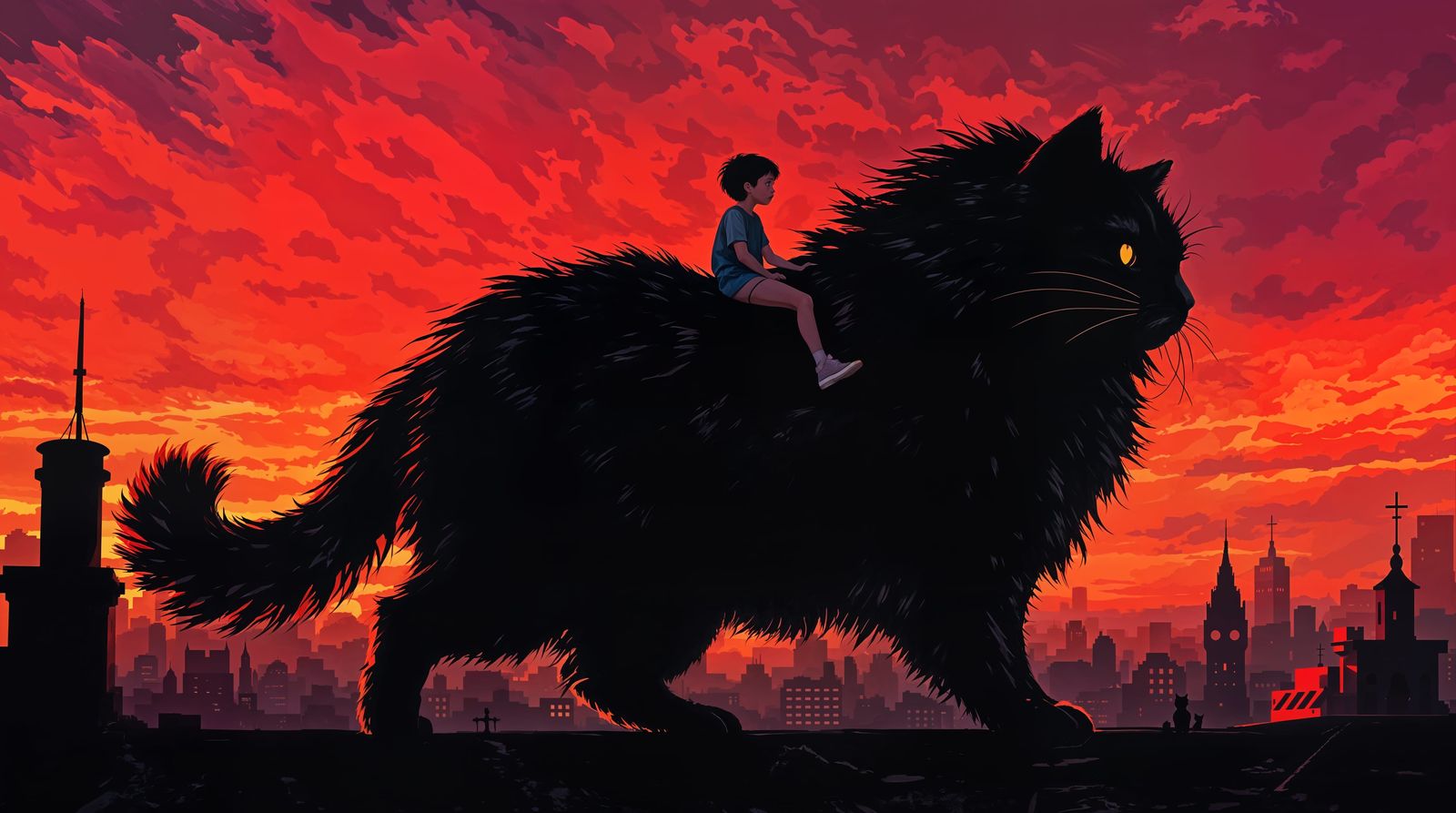 Surreal Cityscape Cat Ride in Vibrant Painterly Style