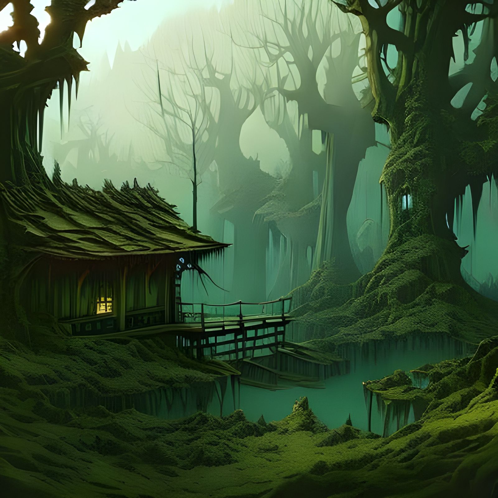 Spooky Forest Treehouse in Dark Fantasy Art Style