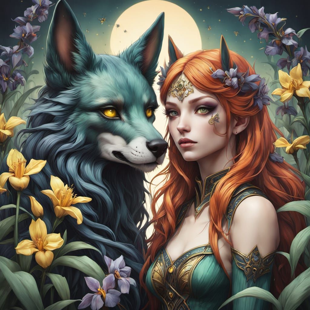 Wild Peach-Haired Girl and Her Wolf in Vibrant Anime-Inspire...